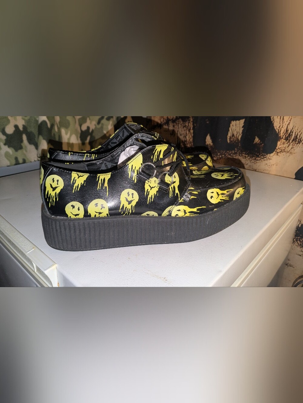 tuk Black Platform Creeper Shoes with Yellow Dripping Smiley Print